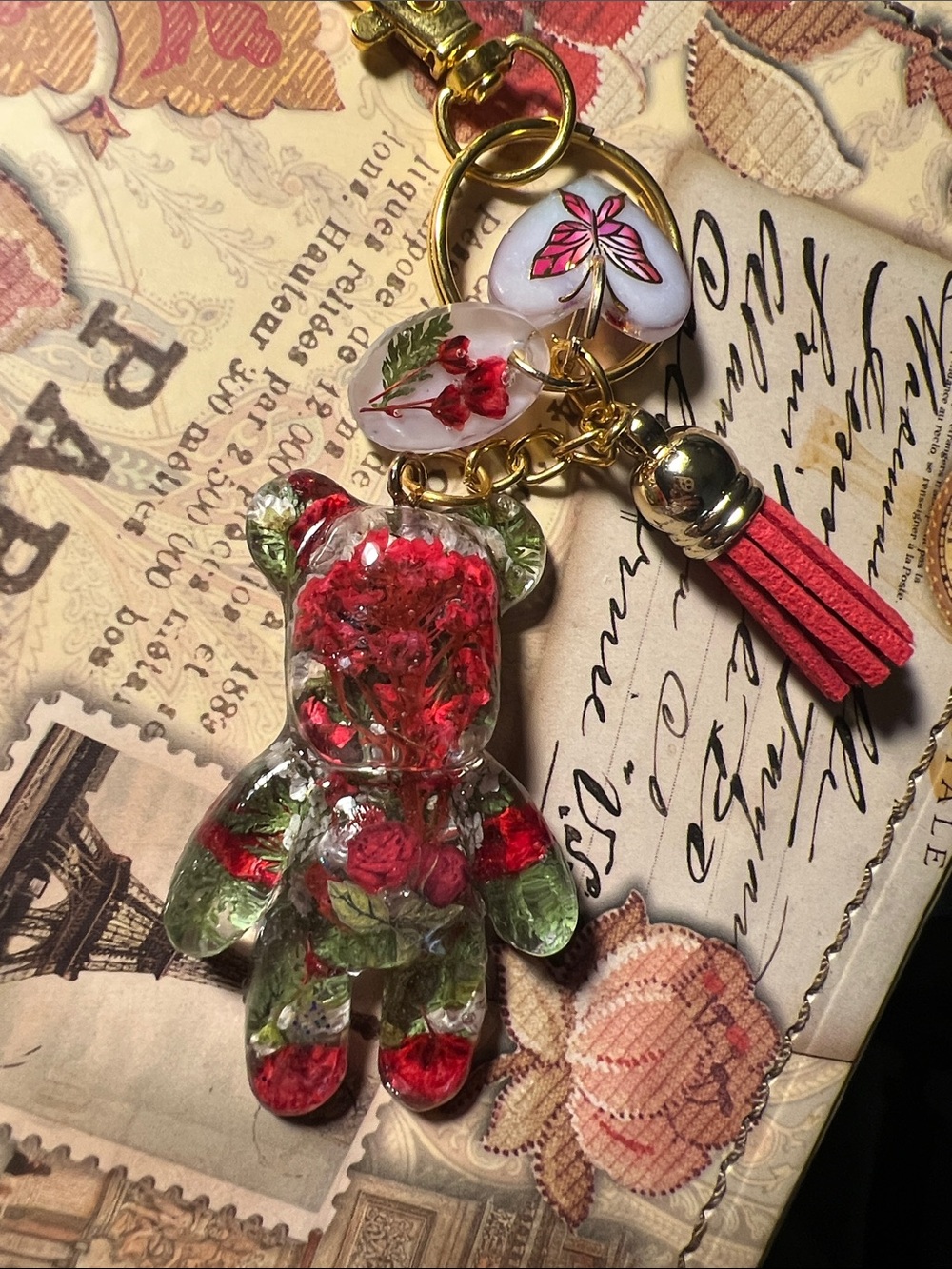 Handmade Floral Resin Bear Keychain, backpack or purse charm.